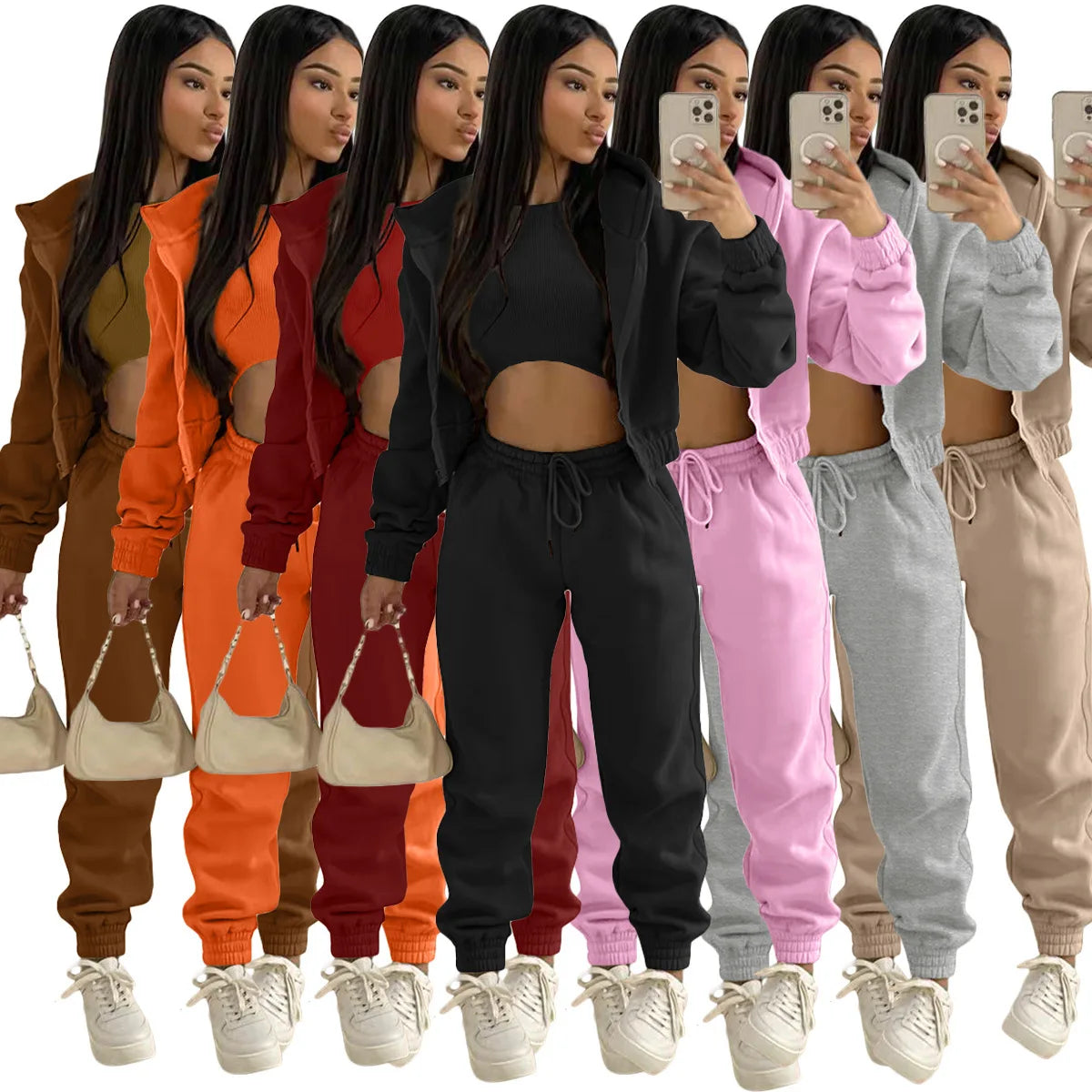 3pcs Women's Clothing Set Fleece-lined Hooded Sweater &Sleeveless Tank Top & Sports Sweatpants Pants