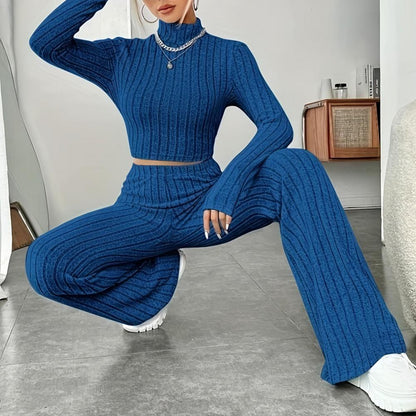 Beige Western Style Knitted Fashion Suit Women New Korean Split Black Sweaters Wide Leg Pants Lady Casual Two-piece Sets