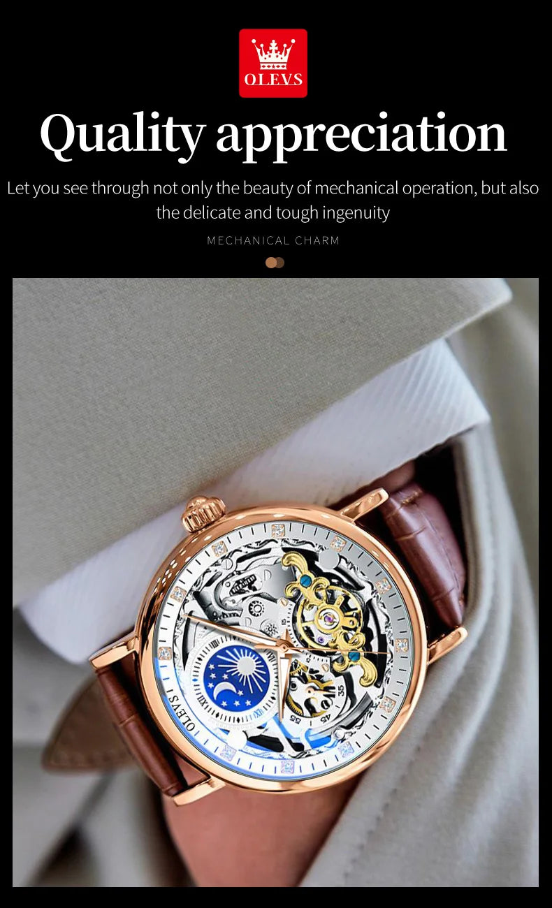 OLEVS Moon Phase Mechanical Watch Men with Dual Time Zone Display Waterproof Automatic Skeleton Mens Watches Top Brand Luxury