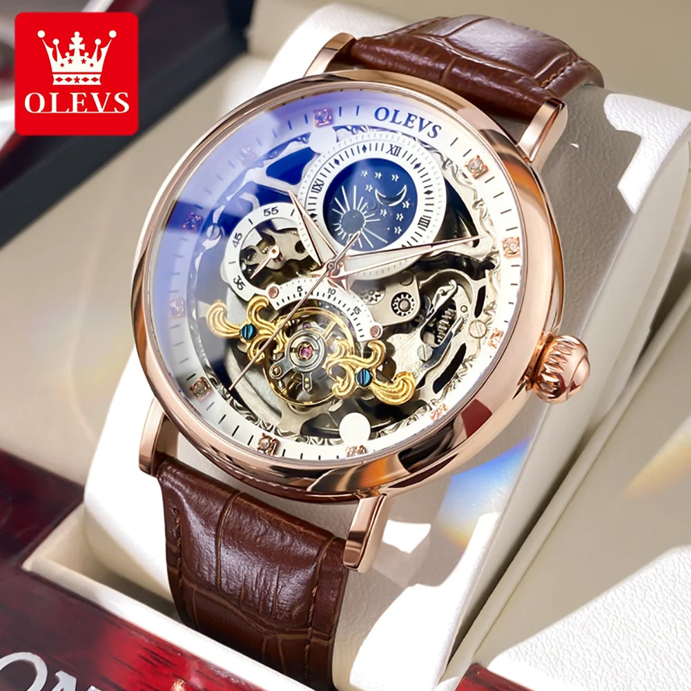 OLEVS Moon Phase Mechanical Watch Men with Dual Time Zone Display Waterproof Automatic Skeleton Mens Watches Top Brand Luxury