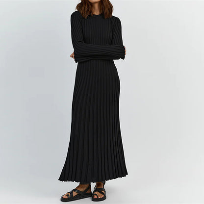 90s Vintage Tie Waist Dress Women Elegant Ribbed Knit Full Sleeve Maxi Dress Crew Neck Bodycon Pencil Long Dress Streetwear