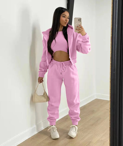 3pcs Women's Clothing Set Fleece-lined Hooded Sweater &Sleeveless Tank Top & Sports Sweatpants Pants