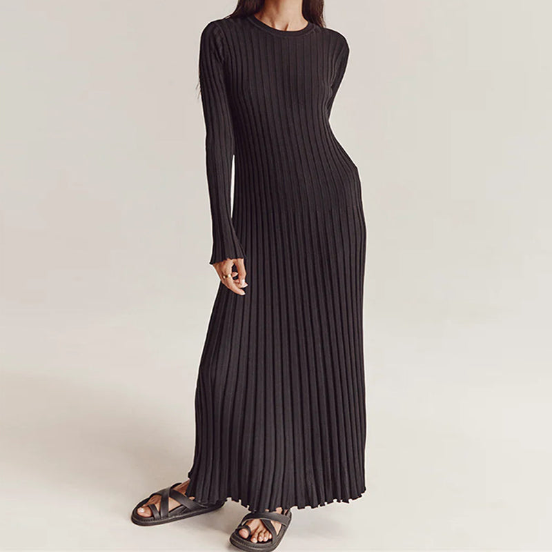 90s Vintage Tie Waist Dress Women Elegant Ribbed Knit Full Sleeve Maxi Dress Crew Neck Bodycon Pencil Long Dress Streetwear