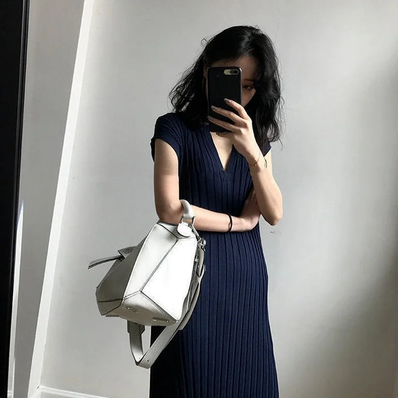 Spring Summer Casual Harajuku Sweater Dress Women Solid Loose V-neck Side Slit Ribbed Knit Long Dresses Party Vestido Feminino