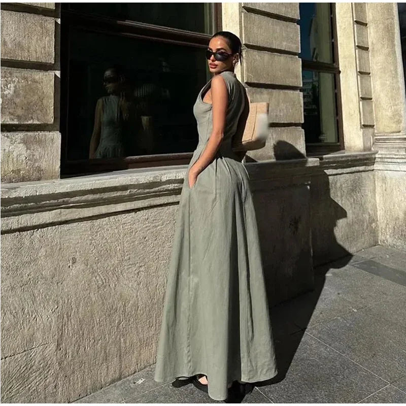 Fashion Sleeveless Spliced Zipper Maxi Dress Elegant V-neck High Waist Slim Pleated Long Dresses Summer Office Lady Street Robes