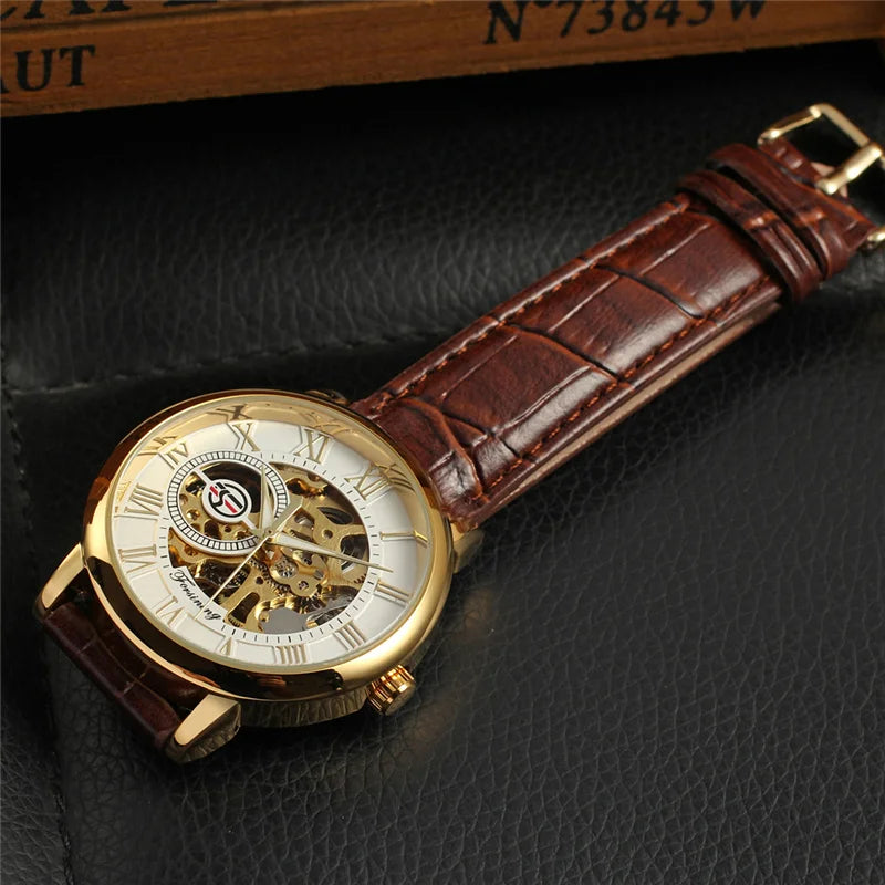 Forsining 99S Luxury Automatic Classic Transparent Mechanical Leather Strap Golden Bridge Skeleton hot selling Men Watch Clock