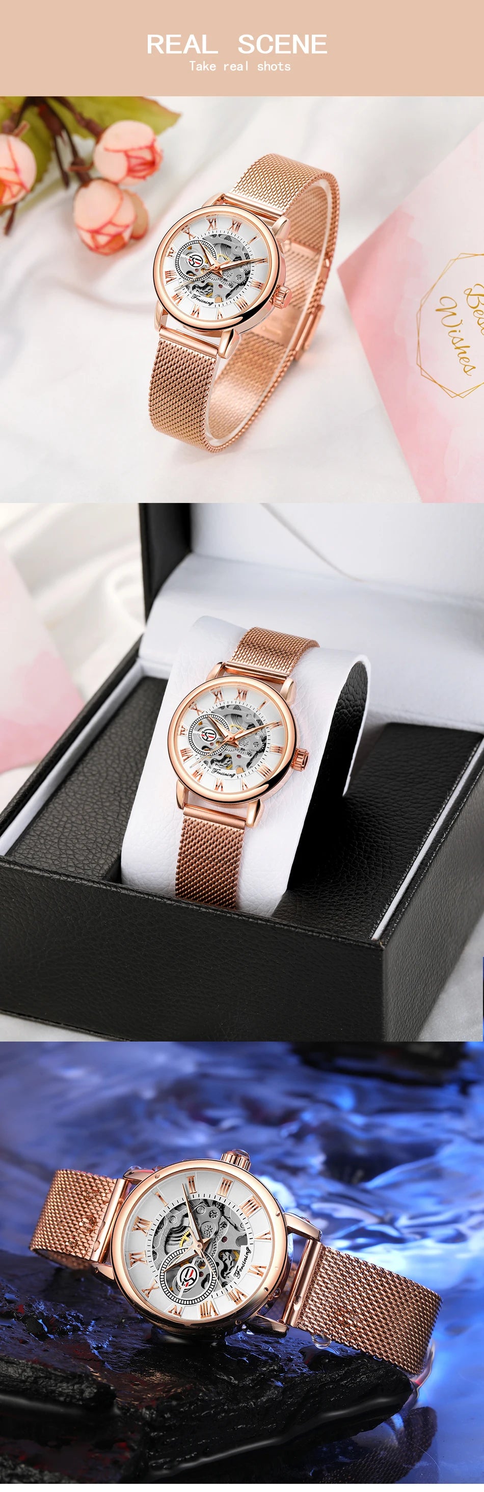 Fashion Montre Femme Forsining Women's Watch Rose Gold Stailess Steel Case Skeleton Womens Mechanical Hand Wind Ladies Wrist