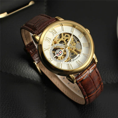 Forsining 99S Luxury Automatic Classic Transparent Mechanical Leather Strap Golden Bridge Skeleton hot selling Men Watch Clock