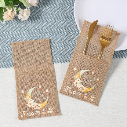 Eid Mubarak Moon Star Knife Fork Bag Ramadan Kareem Decorations For Home 2025 Islamic Muslim Party Supplies Burlap Tableware Bag