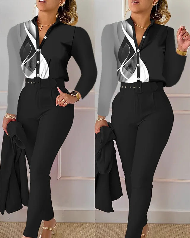 Elegant Women Shirt Two Piece Set Suits Fall New Fashion Print Long Sleeve Top Black Pants Set With Belt Blouses Female Clothing