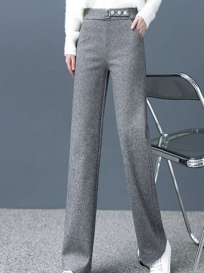 Women Casual Woolen Baggy Wide Leg Pants Korean Fashion Elastic High Waist Straight Pantalones Formal Loose Calcas Feminina 2024