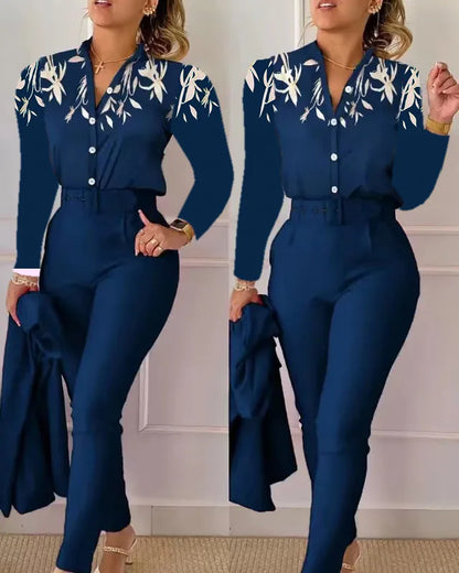 Elegant Women Shirt Two Piece Set Suits Fall New Fashion Print Long Sleeve Top Black Pants Set With Belt Blouses Female Clothing