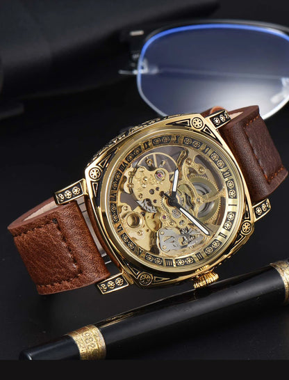 men watches 2024   retro style automatic watch for men skeleton carve waterproof leather no logo watch free shipping items