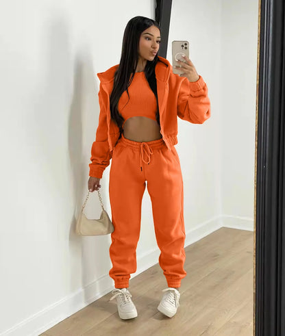 3pcs Women's Clothing Set Fleece-lined Hooded Sweater &Sleeveless Tank Top & Sports Sweatpants Pants