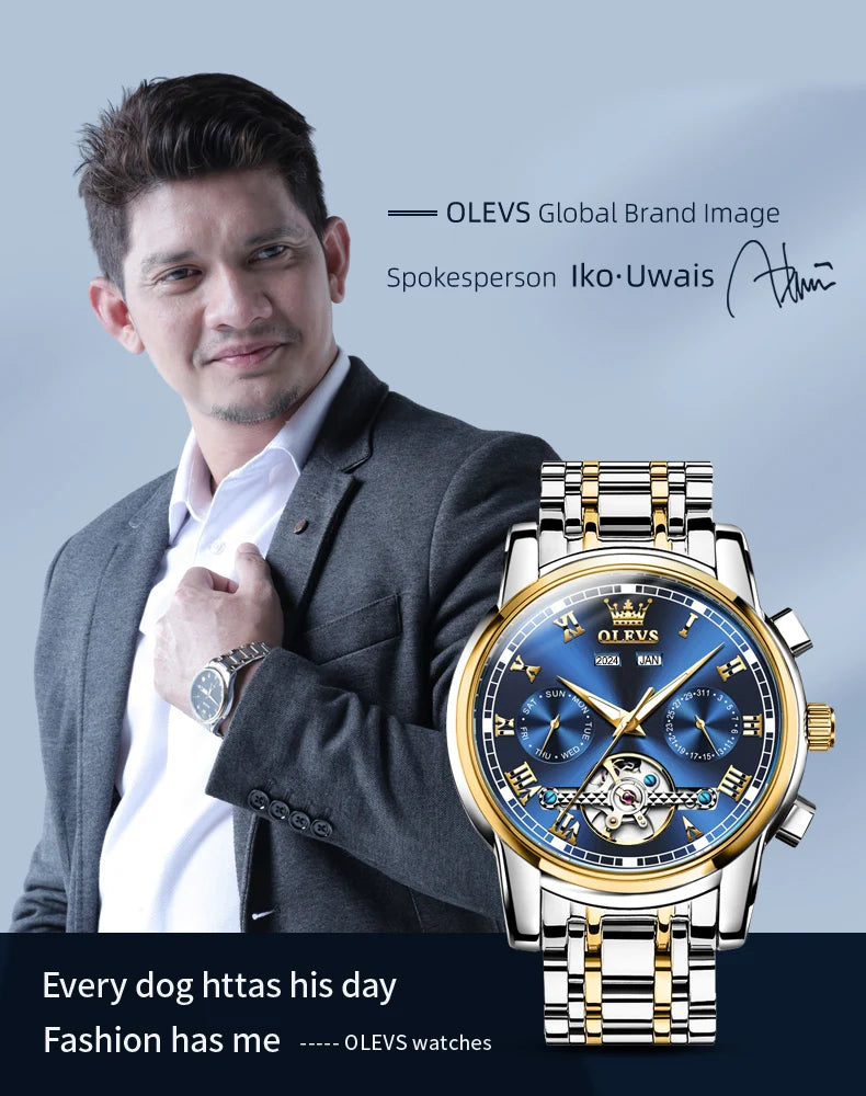 OLEVS Men's Watches Automatic Mechanical Business Wristwatch Waterproof Stainless Steel Strap Watch for Man Skeleton Calendar