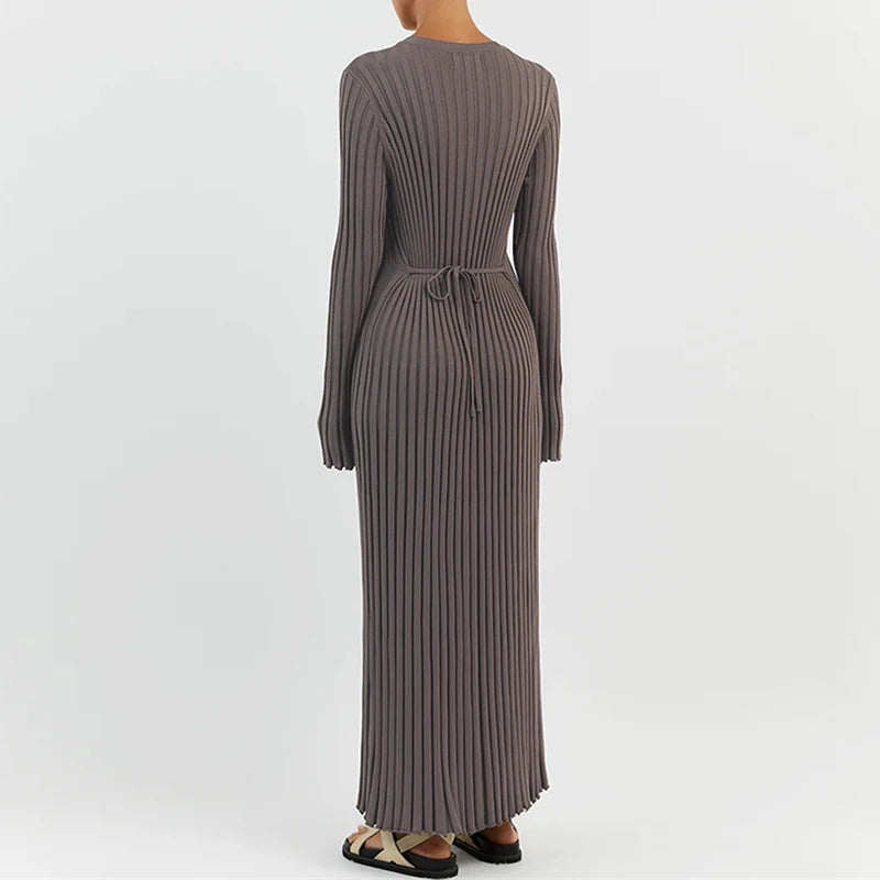 90s Vintage Tie Waist Dress Women Elegant Ribbed Knit Full Sleeve Maxi Dress Crew Neck Bodycon Pencil Long Dress Streetwear