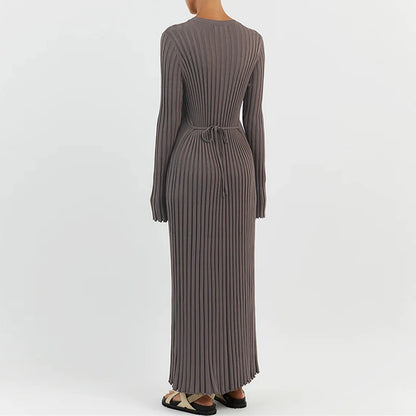 90s Vintage Tie Waist Dress Women Elegant Ribbed Knit Full Sleeve Maxi Dress Crew Neck Bodycon Pencil Long Dress Streetwear