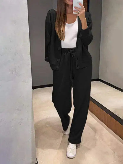 Autumn Winter Women's Clothing Fashion Single Breasted Casual Sports Suit Cardigan Top Lace Up Pants Two-piece Set Women