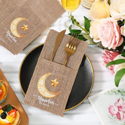 Eid Mubarak Moon Star Knife Fork Bag Ramadan Kareem Decorations For Home 2025 Islamic Muslim Party Supplies Burlap Tableware Bag