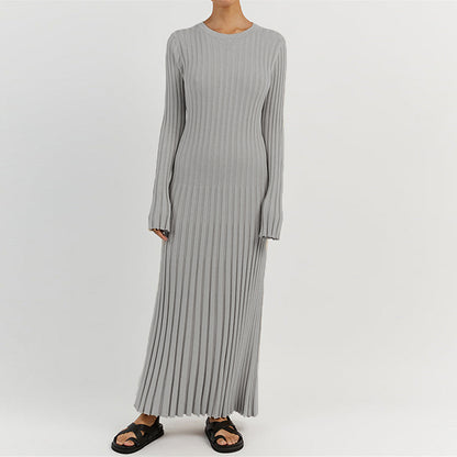 90s Vintage Tie Waist Dress Women Elegant Ribbed Knit Full Sleeve Maxi Dress Crew Neck Bodycon Pencil Long Dress Streetwear