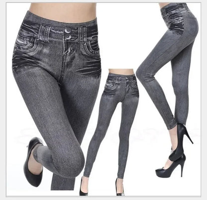 Leggings Women 2022 Fashion Faux Denim Jeans Leggings Sexy Long Pocket Printing Legging Summer Casual Pencil Black Pants Plus