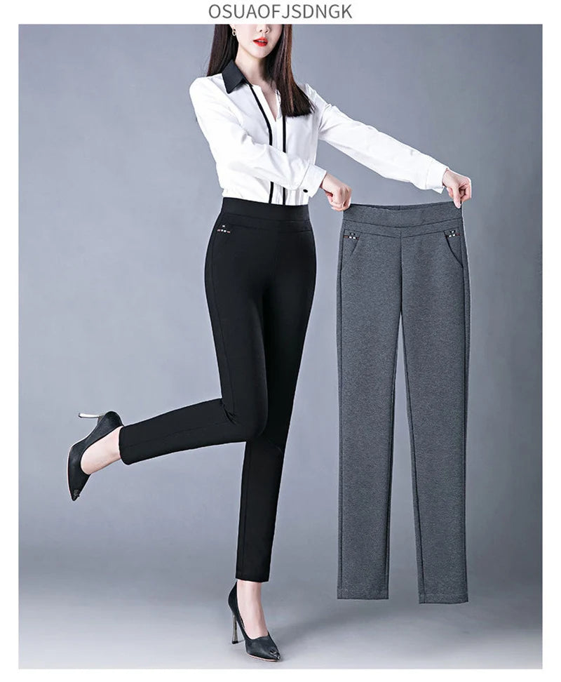 Spring Winter Elegant High Waist Casual Stretch Slim Middle Aged Women Trousers Ladies Fashion All Match Black Gray Pencil Pants