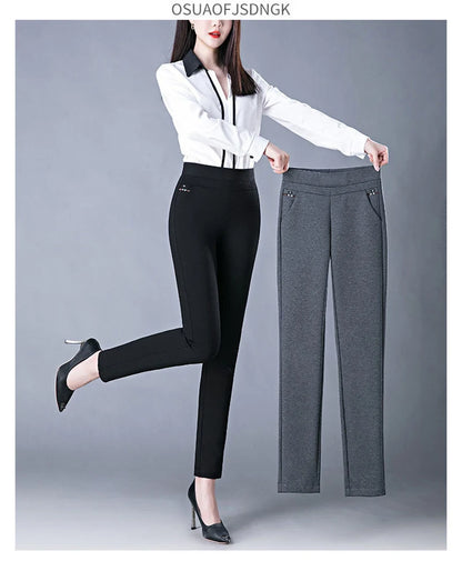 Spring Winter Elegant High Waist Casual Stretch Slim Middle Aged Women Trousers Ladies Fashion All Match Black Gray Pencil Pants