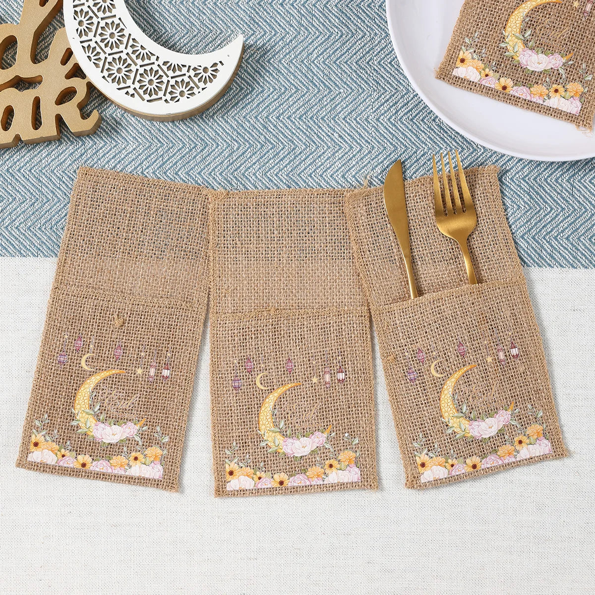 Eid Mubarak Moon Star Knife Fork Bag Ramadan Kareem Decorations For Home 2025 Islamic Muslim Party Supplies Burlap Tableware Bag