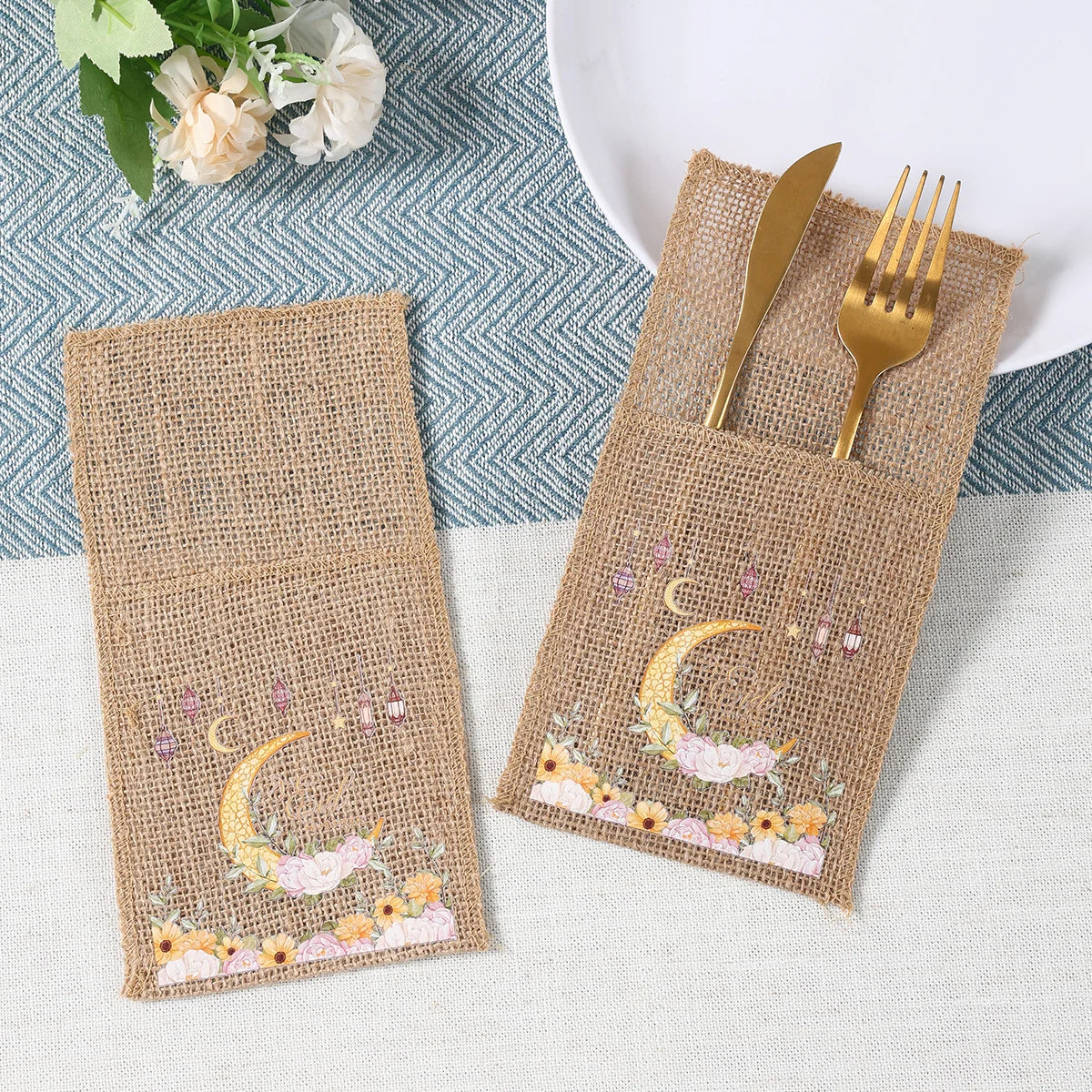 Eid Mubarak Moon Star Knife Fork Bag Ramadan Kareem Decorations For Home 2025 Islamic Muslim Party Supplies Burlap Tableware Bag