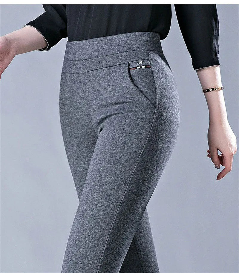 Spring Winter Elegant High Waist Casual Stretch Slim Middle Aged Women Trousers Ladies Fashion All Match Black Gray Pencil Pants