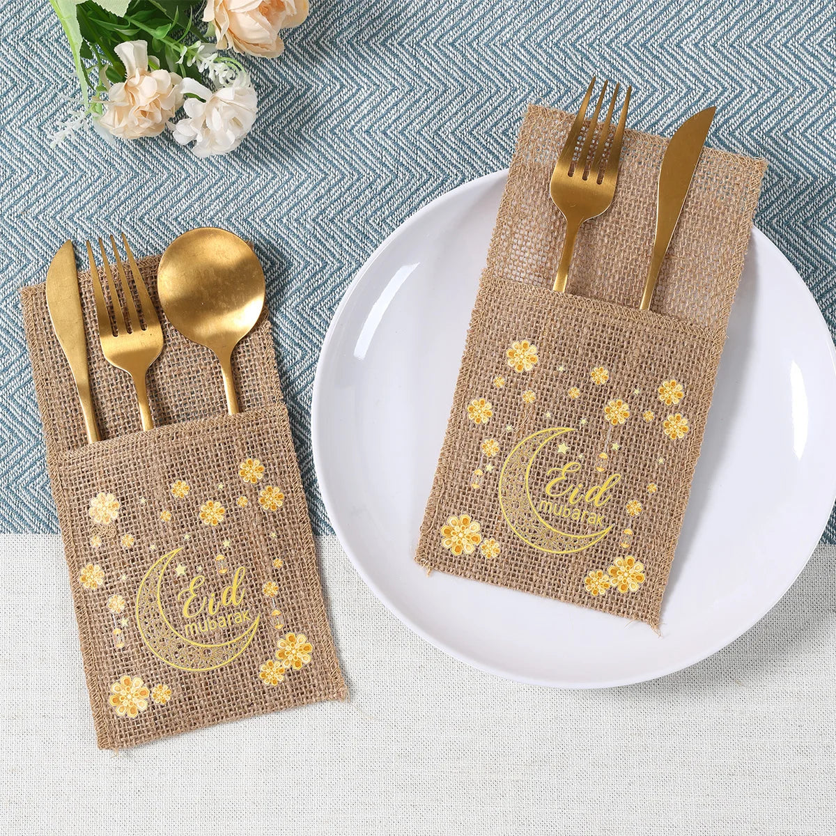 Eid Mubarak Moon Star Knife Fork Bag Ramadan Kareem Decorations For Home 2025 Islamic Muslim Party Supplies Burlap Tableware Bag