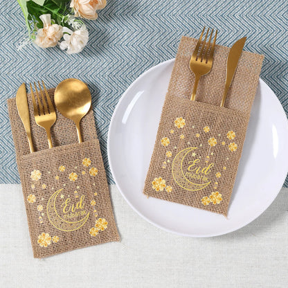 Eid Mubarak Moon Star Knife Fork Bag Ramadan Kareem Decorations For Home 2025 Islamic Muslim Party Supplies Burlap Tableware Bag