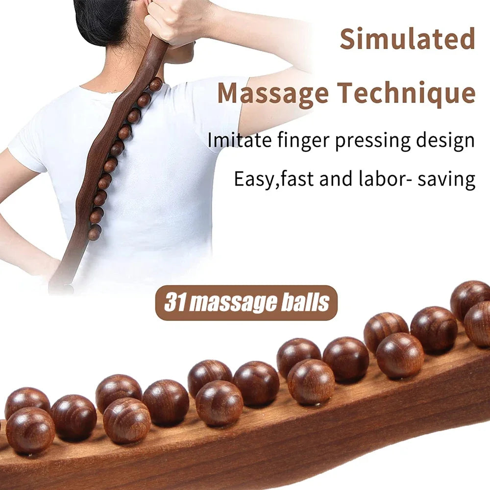 Guasha Wood Stick Tools Wooden Therapy Scraping Lymphatic Drainage Massager, Double Row 31 Beads Point Treatment Gua Sha Tools