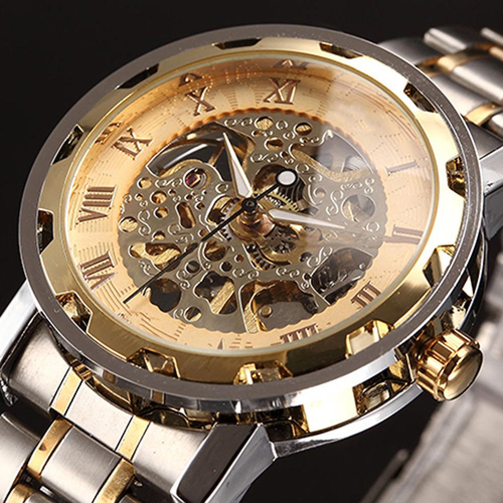 Men Skeleton Roman Numerals Hollow Dial Stainless Steel Band Mechanical Watch Hand-winding Vintage Roman Numeral Steampunk Watch