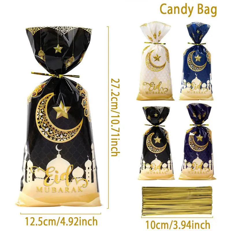 25/50/100Pcs EID Mubarak Gift Cookie Bags With Strap Candy Baking Packaging Bag 2025 Ramadan Decor Muslim Islamic Party Supplies