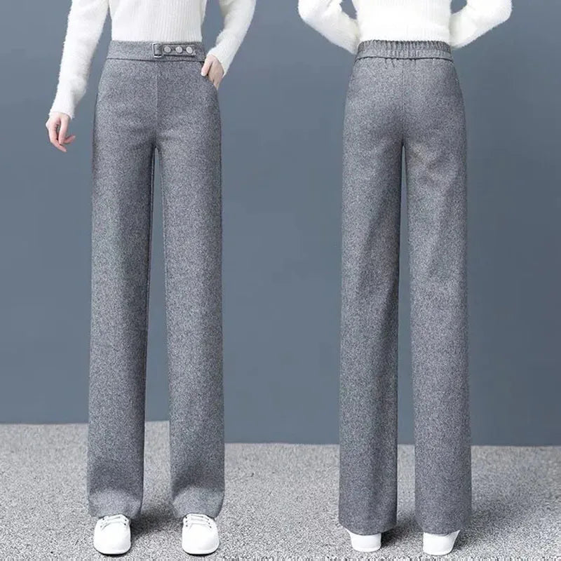 Women Casual Woolen Baggy Wide Leg Pants Korean Fashion Elastic High Waist Straight Pantalones Formal Loose Calcas Feminina 2024