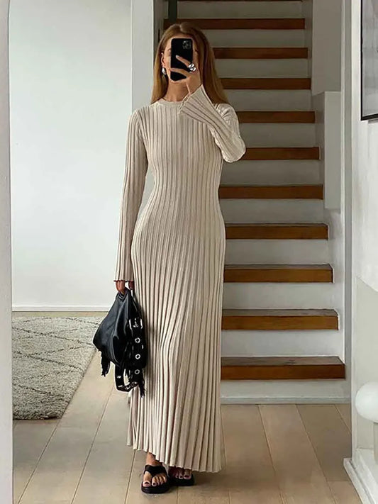 Women Elegant Solid Pleated Knitted Maxi Dress Casual Round Neck Long Sleeve Lace Up Dresses 2024 Autumn Lady High Street Robes