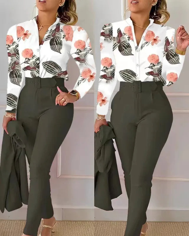 Elegant Women Shirt Two Piece Set Suits Fall New Fashion Print Long Sleeve Top Black Pants Set With Belt Blouses Female Clothing