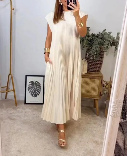 2024 Spring and Summer New European and American Fashion Round Neck Sleeveless pleated Dress Women's Long Dress