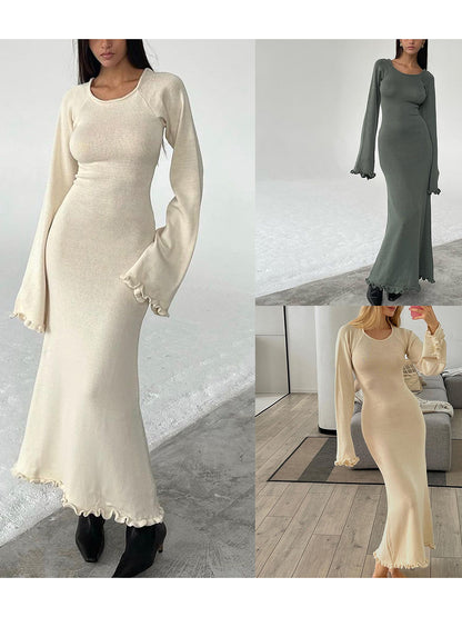 Women Knitted Bodycon Dress Long Sleeve Tie Backless Round Neck Dress Solid Color Ruffle Trim Casual Dresses Fashion New Clothes