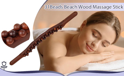 Guasha Wood Stick Tools Wooden Therapy Scraping Lymphatic Drainage Massager, Double Row 31 Beads Point Treatment Gua Sha Tools