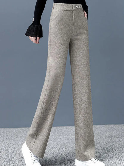 Women Casual Woolen Baggy Wide Leg Pants Korean Fashion Elastic High Waist Straight Pantalones Formal Loose Calcas Feminina 2024