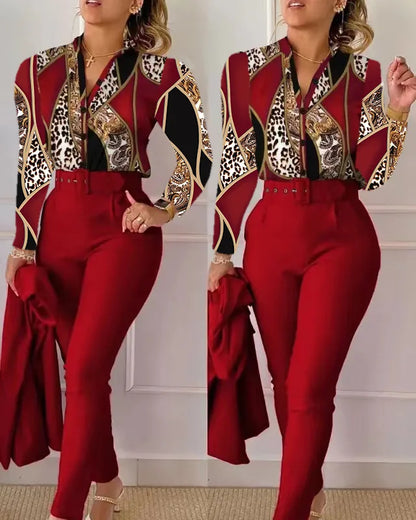 Elegant Women Shirt Two Piece Set Suits Fall New Fashion Print Long Sleeve Top Black Pants Set With Belt Blouses Female Clothing