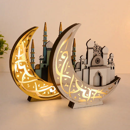 EID Mubarak LED Light Wooden Moon Mosque Table Ornaments Ramadan Decor Night Lights 2025 Islam Muslim Party Decoration Supplies