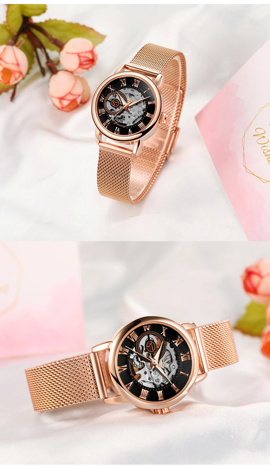 Fashion Montre Femme Forsining Women's Watch Rose Gold Stailess Steel Case Skeleton Womens Mechanical Hand Wind Ladies Wrist