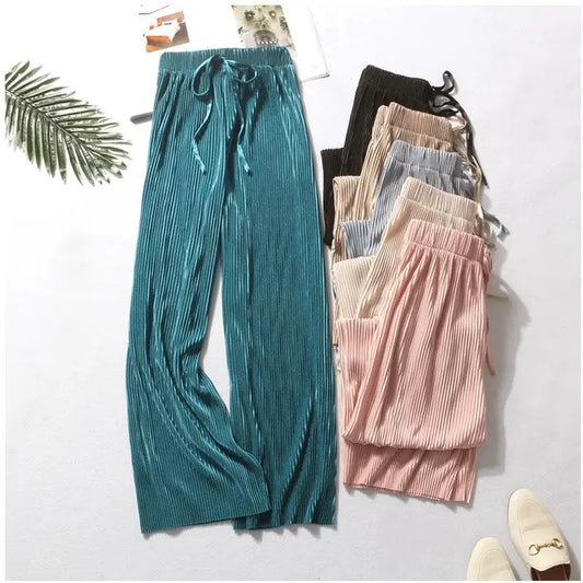 Women Fashion Summer Wide Leg Pants Pleated Ice Silk Trousers Elastic Waist Loose Casual Pants