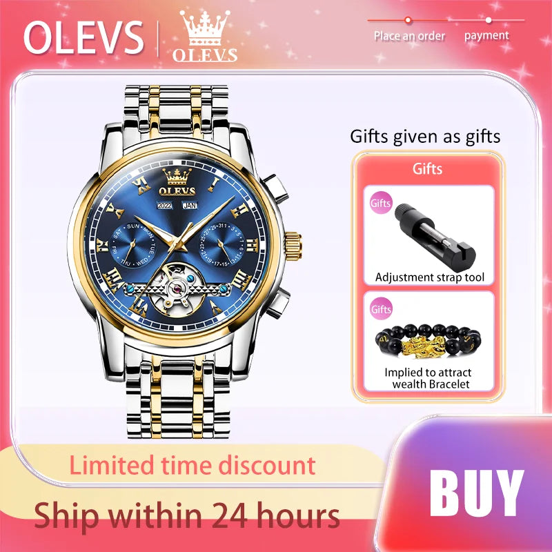 OLEVS Top Brand Men's Watches waterproof Fully Automatic Mechanical Watch Calendar Week Hollow Out Luminous Male Wristwatch