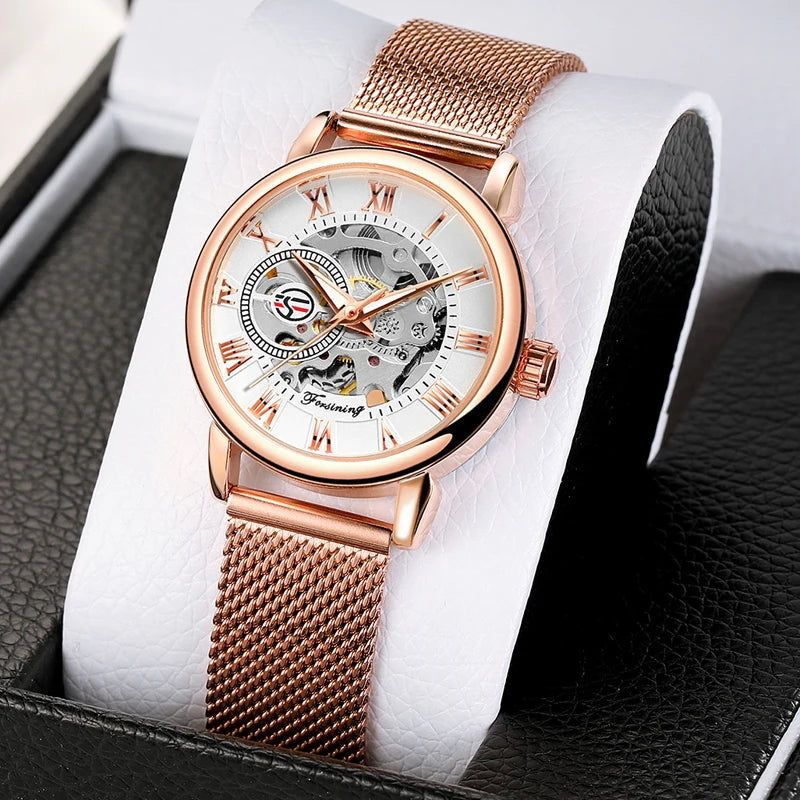 Fashion Montre Femme Forsining Women's Watch Rose Gold Stailess Steel Case Skeleton Womens Mechanical Hand Wind Ladies Wrist