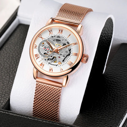 Fashion Montre Femme Forsining Women's Watch Rose Gold Stailess Steel Case Skeleton Womens Mechanical Hand Wind Ladies Wrist