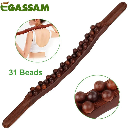 Guasha Wood Stick Tools Wooden Therapy Scraping Lymphatic Drainage Massager, Double Row 31 Beads Point Treatment Gua Sha Tools